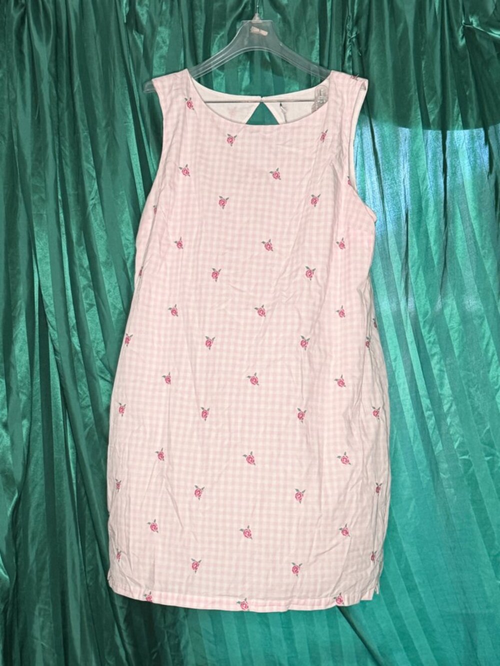 Kim Rogers Pink Gingham Shift Dress XL with Rose Embroidery